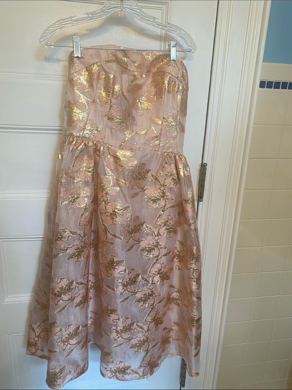 Shoshanna Peach Strapless Dress with Gold Floral Foil